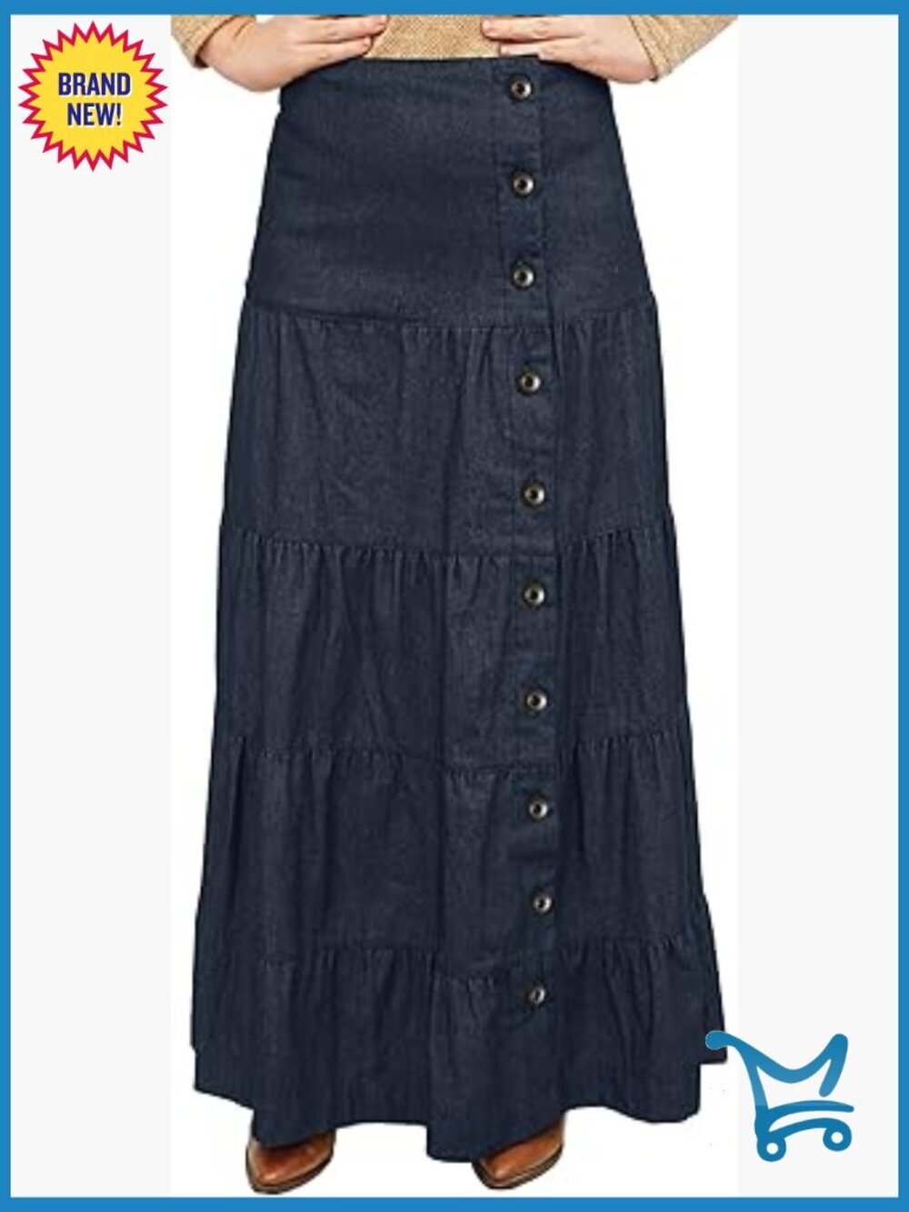 Women's Ankle Length Tiered Denim Prairie Skirt with Front Button